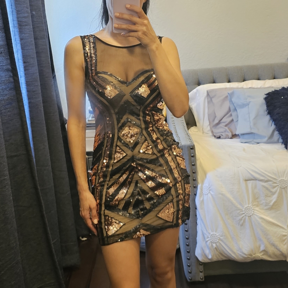 Black and Bronze bebe sequin dress size xxs only used once